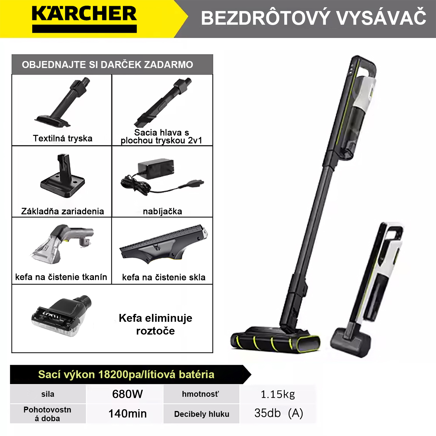 Akumulátorový vysávač Karcher + vysoký výkon 60 000 ot./min + vysoký sací výkon 18 500 pa + hlasový asistent Al + pripojenie na mobilnú APP + samočistenie + štrbinová kefa + dve ploché sacie hlavy súčasne + vymeniteľná rotačná kefa a vatový tampón*1+ čistenie kvapalina*1+ Nabíjačka + nabíjací stojan + čistiaca kefka